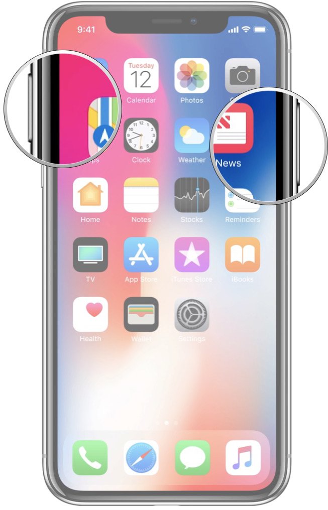 iPhone X showing buttons to use to screenshot