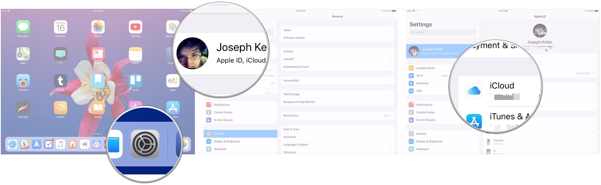 Transfer data by using iCloud to backup by showing steps: Open Settings, tap Apple ID banner, tap iClouda
