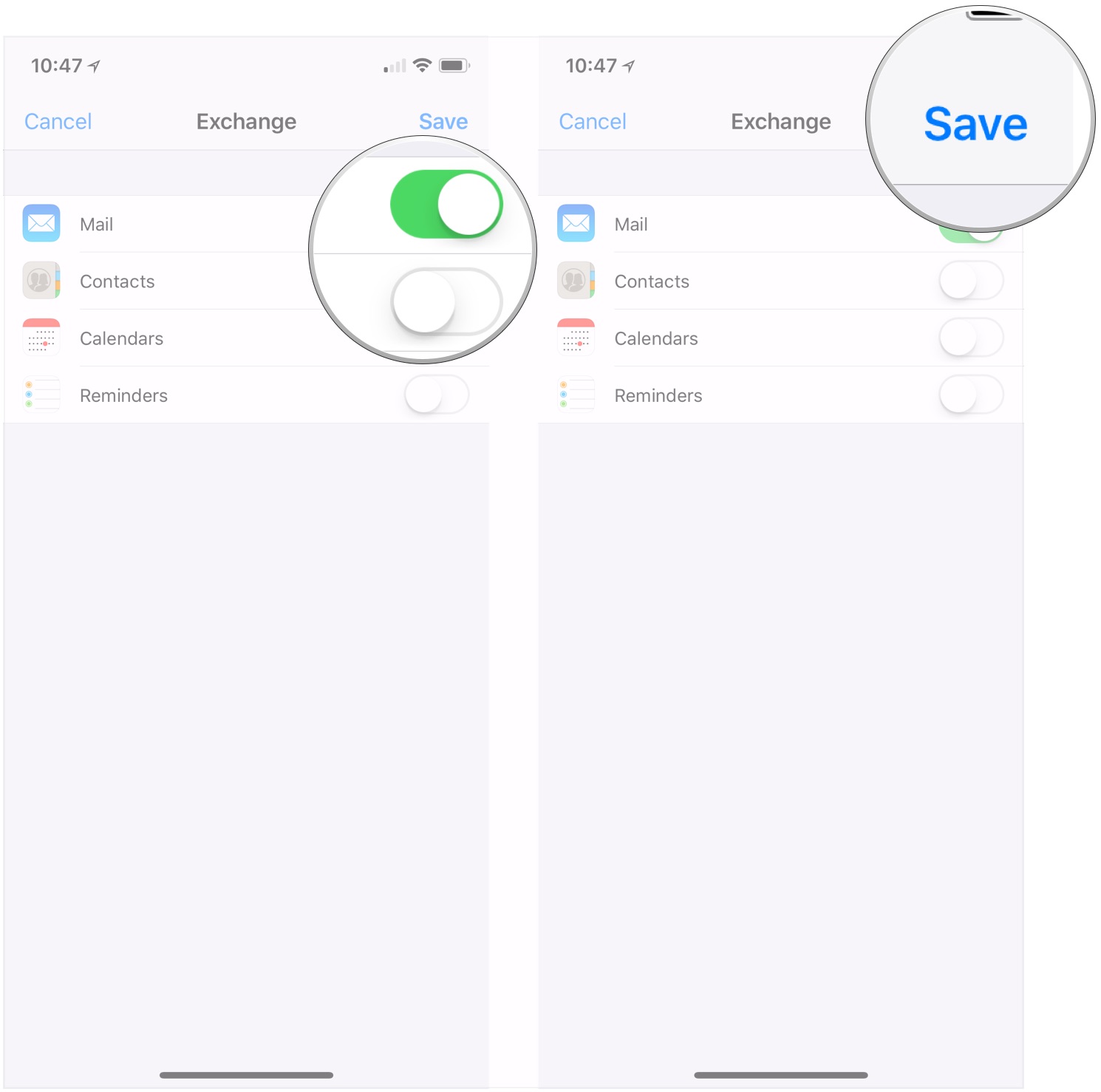 Accounts in the Settings app on iPhone showing the steps to Flip switches, tap Save