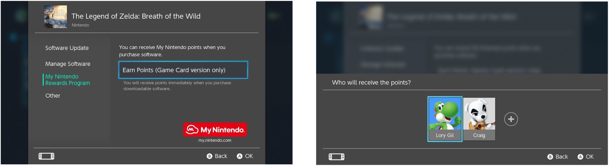 Selecting a profile for Gold points on the Nintendo Switch