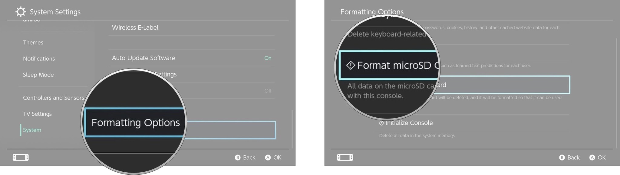 How to format a microSD card on Nintendo Switch: select formatting options, select format microSD card