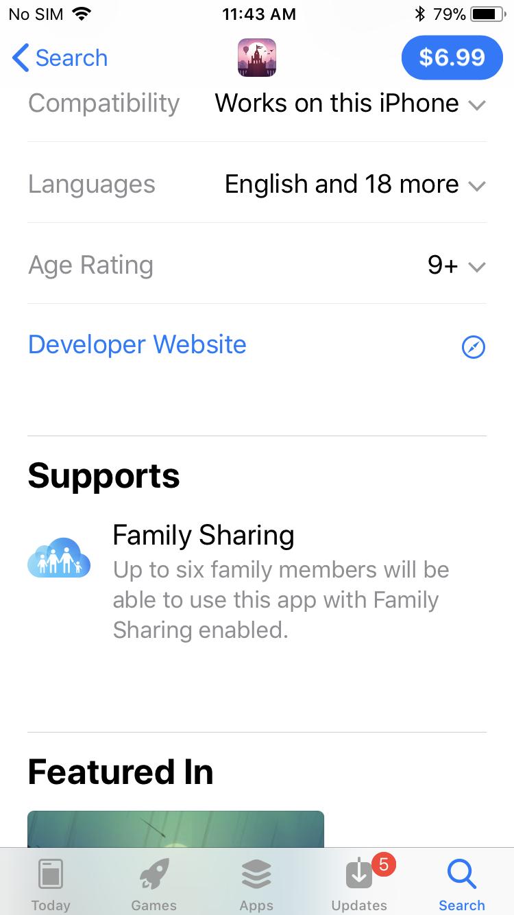 How to tell if iOS apps are eligible for family sharing: Scroll down to Supports section and find info on Family Sharing
