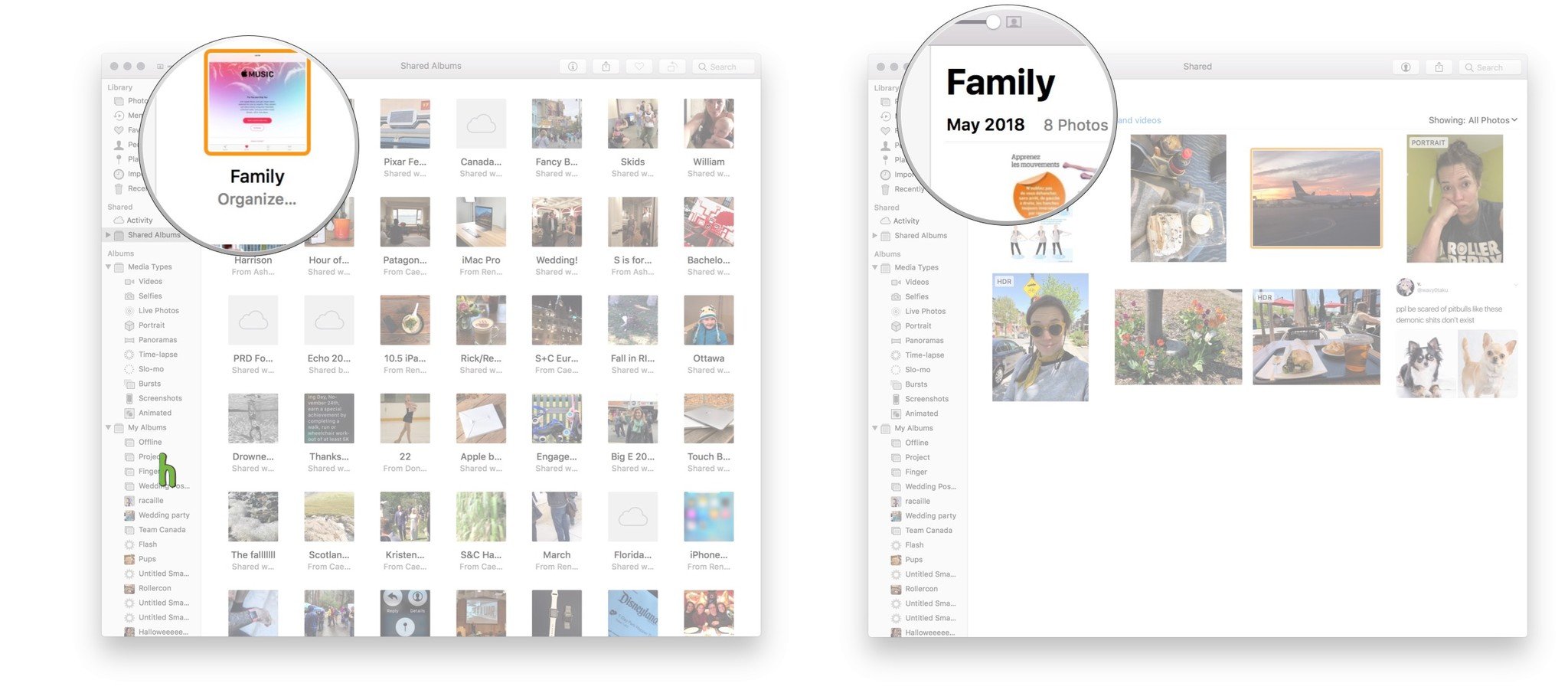 View Family album on Mac: Launch photos, Click shared albums, Select Family album