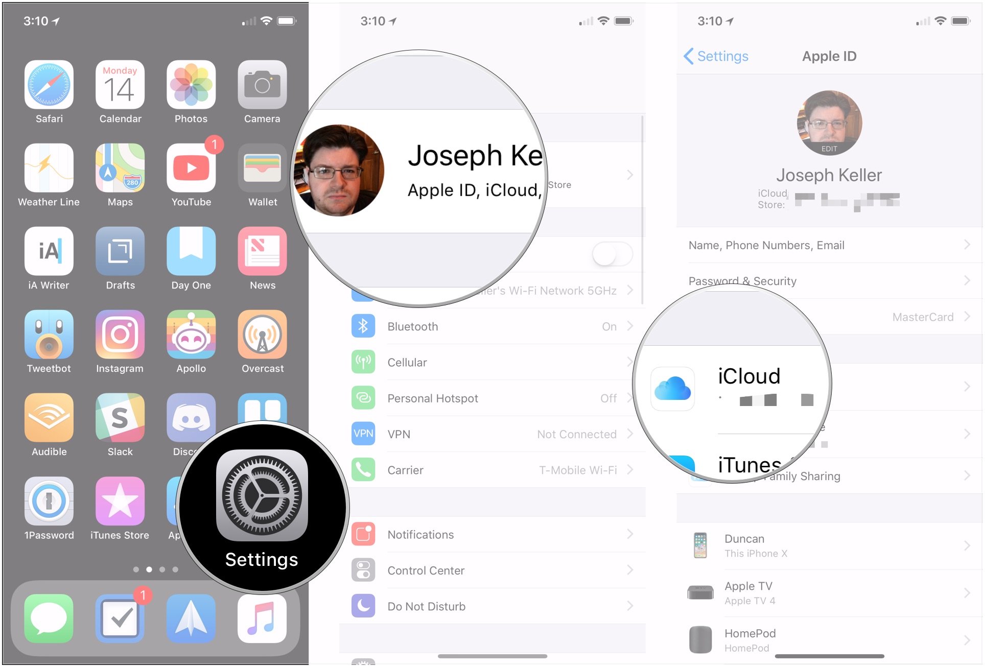 Новая настройка iPhone с инструкциями по открытию настроек, коснитесь баннера Apple ID, коснитесь iCloud.