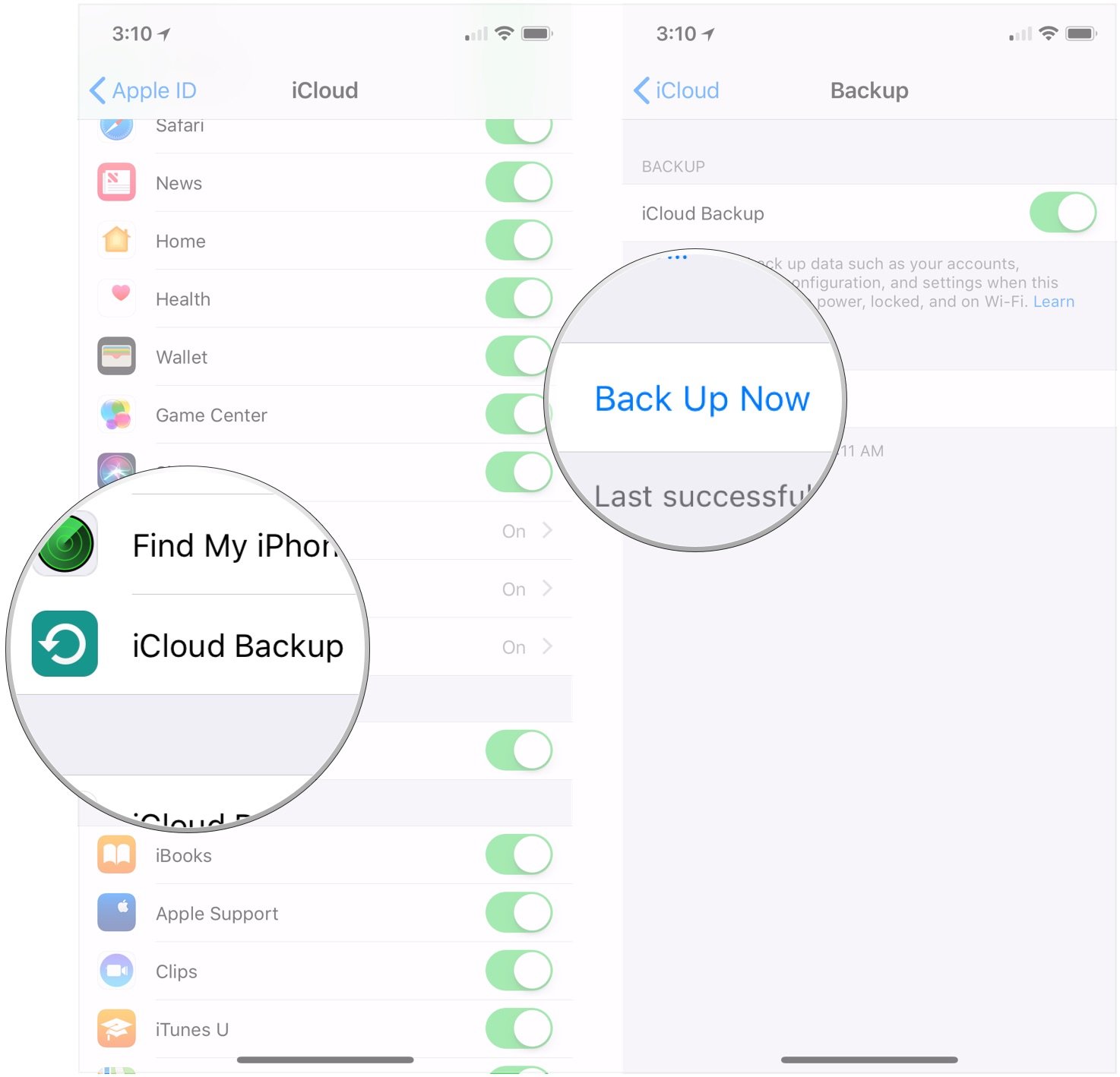 New iPhone setup showing steps for Tap iCloud Backup, tap Backup Up Now