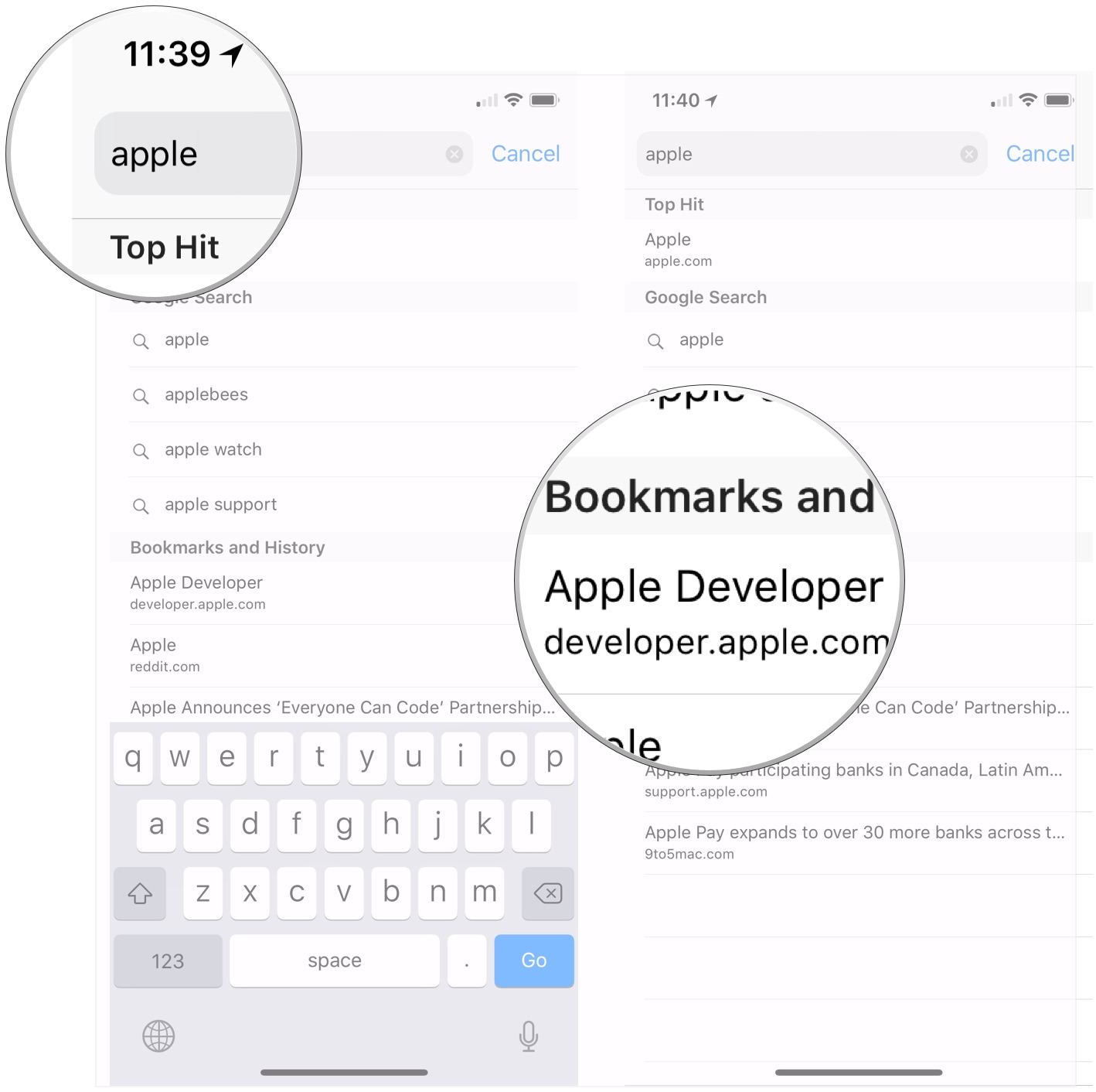 Find bookmark website using search in Safari on iPhone: Type keywords, tap site or bookmark