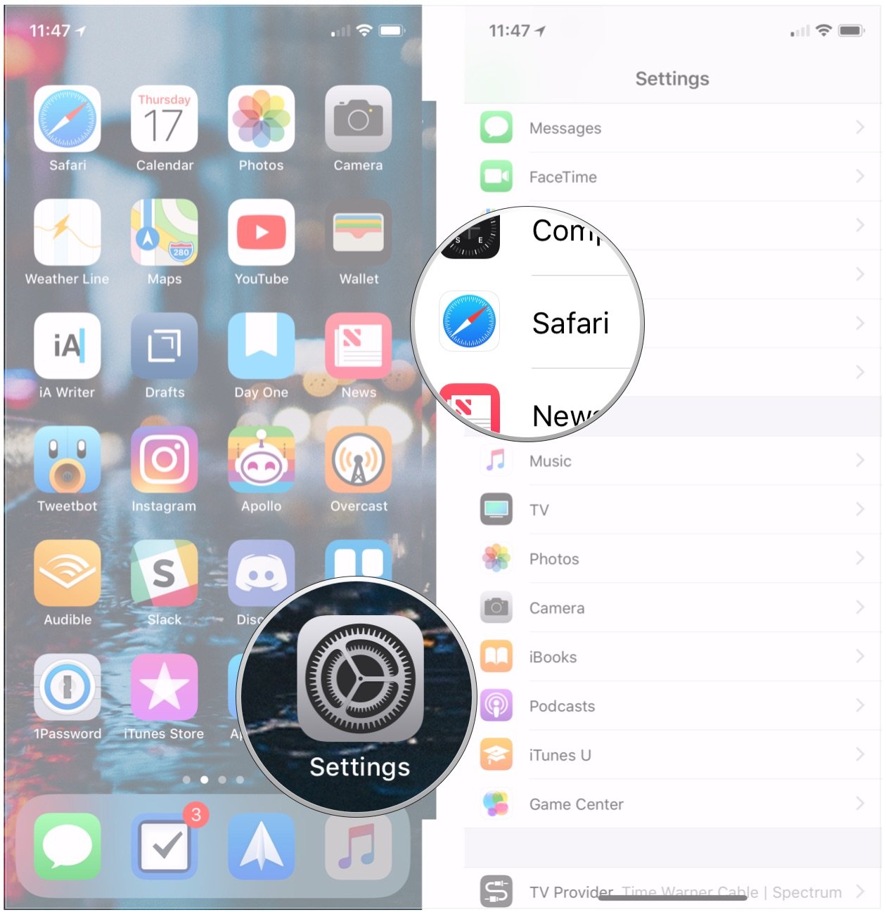 Cambiar el motor de búsqueda en iPhone: Abra Configuración y toque Safari