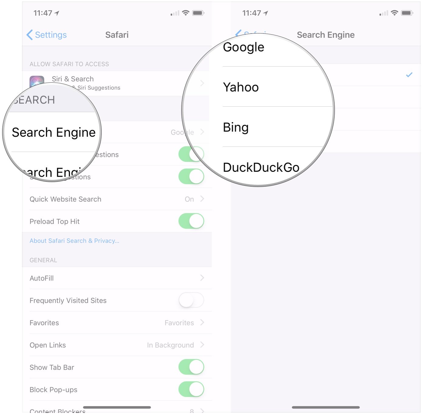 Cambiar motor de búsqueda en iPhone: toca Motor de búsqueda y selecciona tu motor de búsqueda