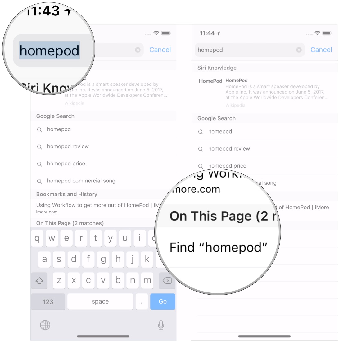 Using search in Safari on iPhone: Type word, tap the word