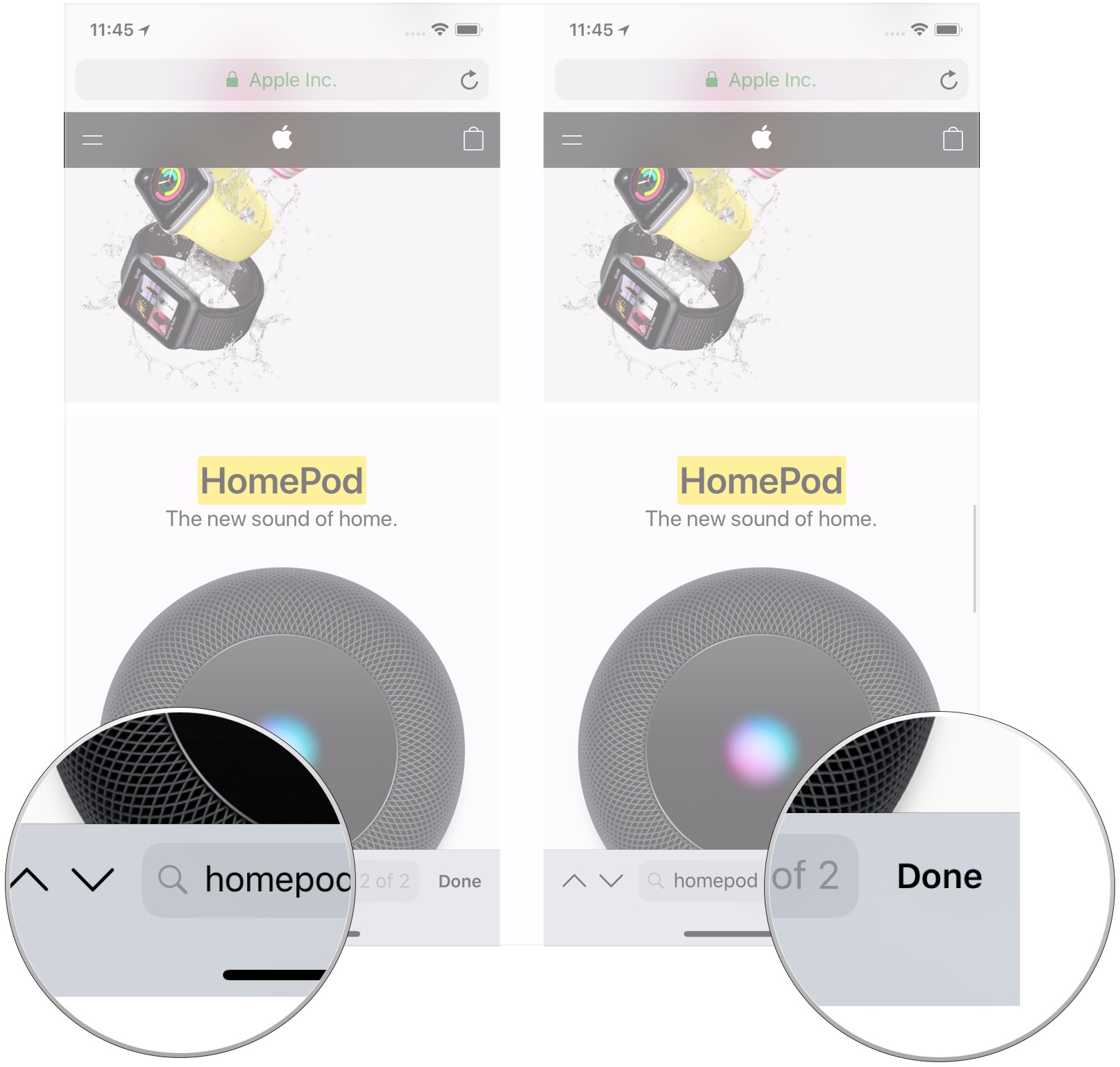 Навигация по поиску в Safari на iPhone: нажмите кнопки навигации, нажмите «Готово».