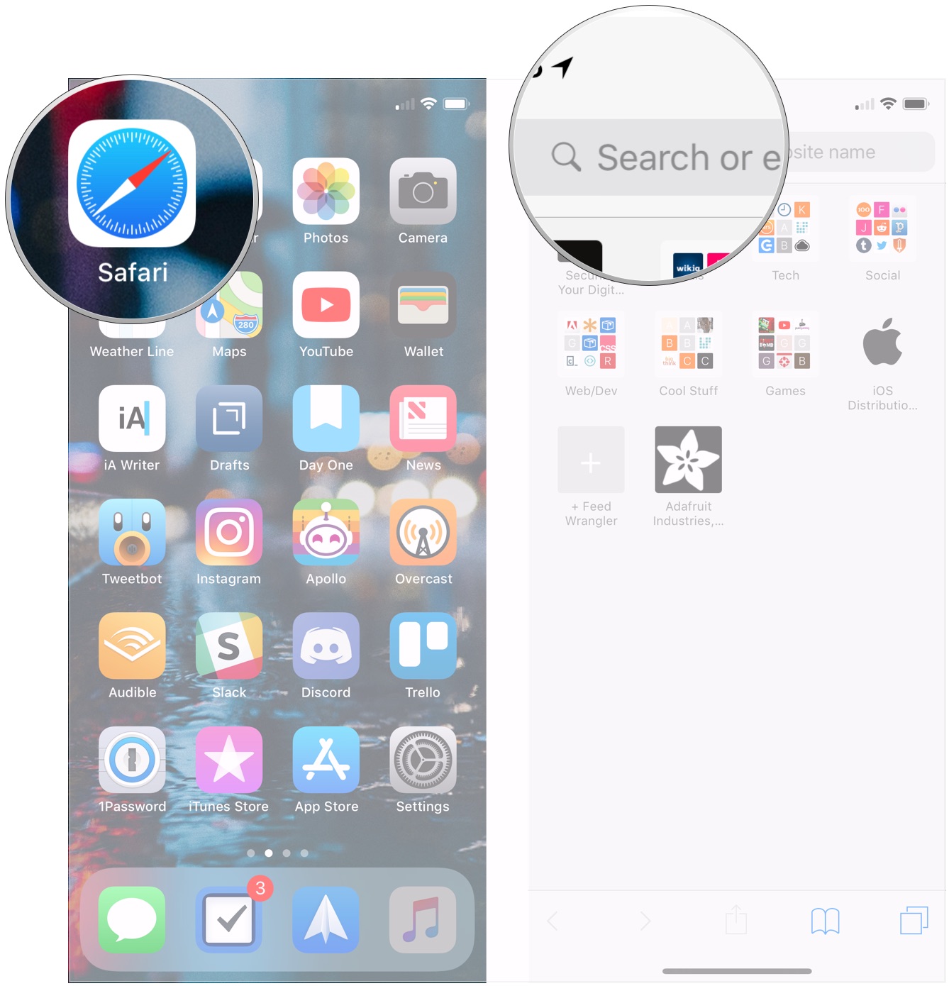 Navegue a la barra de búsqueda en Safari en iPhone: Abra Safari y toque el botón Búsqueda inteligente