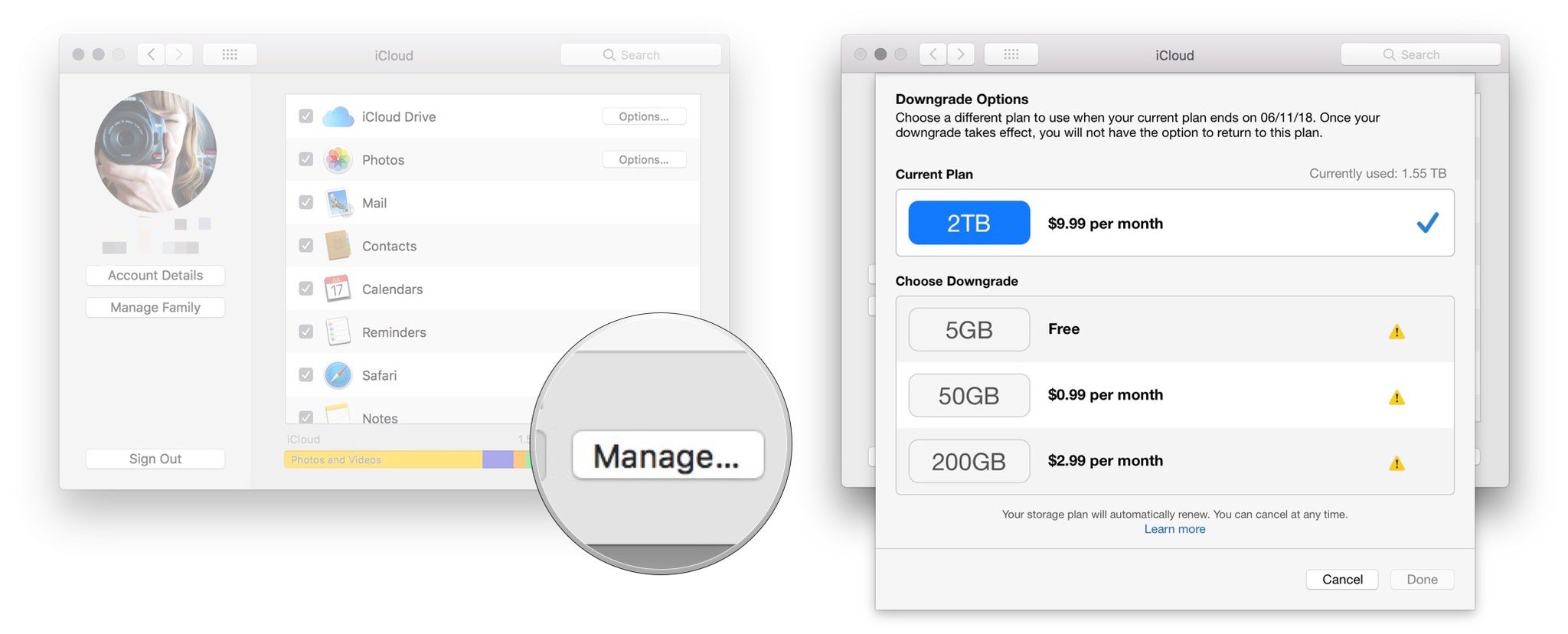 How to downgrade storage plans on Mac by showing steps: Click Manage, click Change Storage Plan, choose a new plan