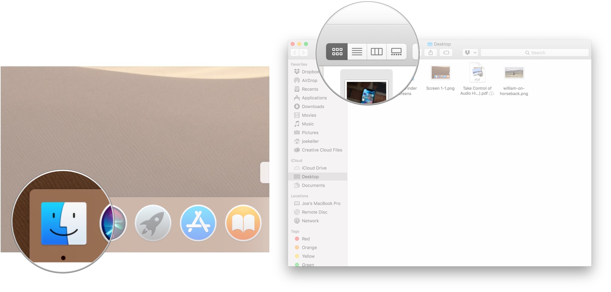 To view file metadata in Finder, click on the Finder icon, then choose the view to use.