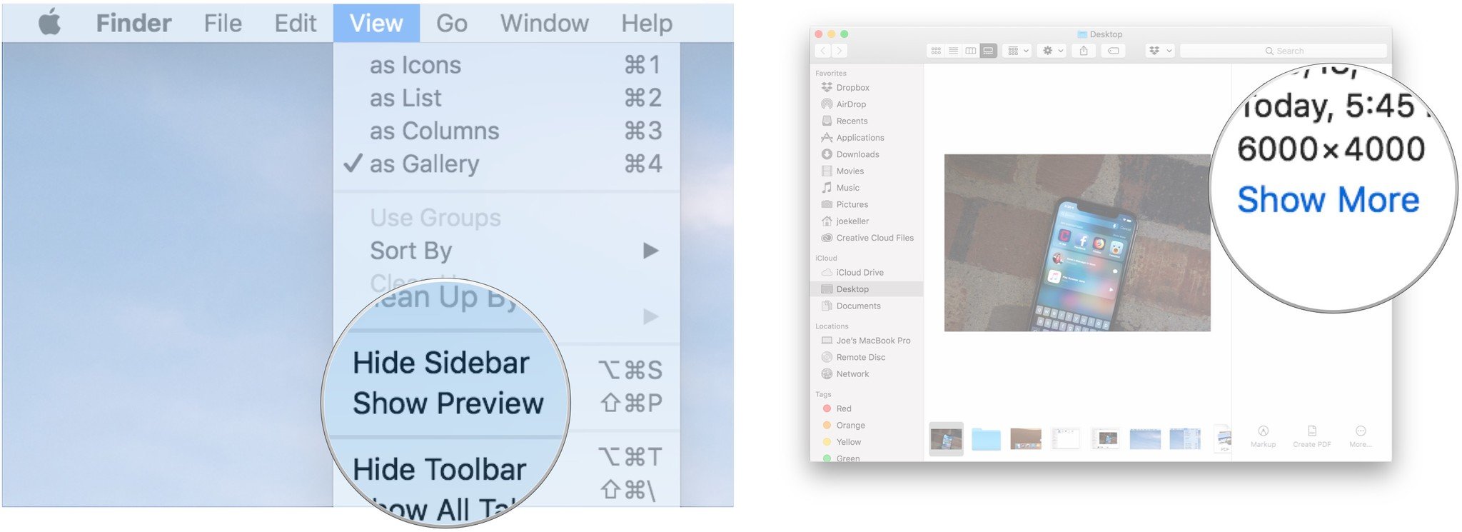 To view file metadata in Finder, click Show Preview, then Show More.