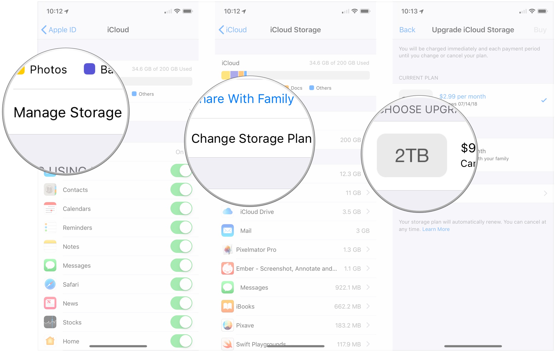 How to increase iCloud Drive storage space: Tap Manage Storage, Tap Change Plan, Choose storage plan.