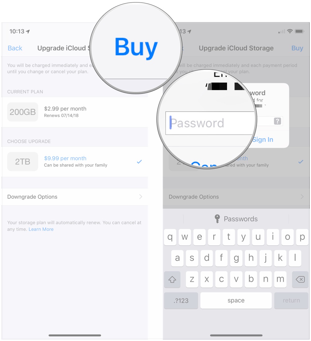 How to increase iCloud Drive storage space:  Tap Buy, Sign in and confirm.