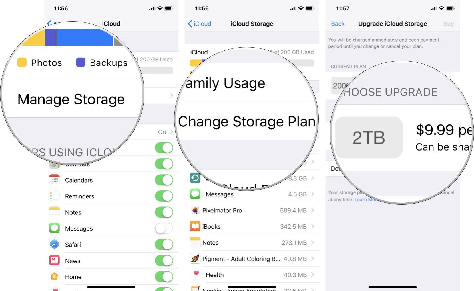 How to buy more iCloud storage on iPhone and iPad by showing steps: Tap Manage Storage, tap Change Storage Plan, tap on an available plan