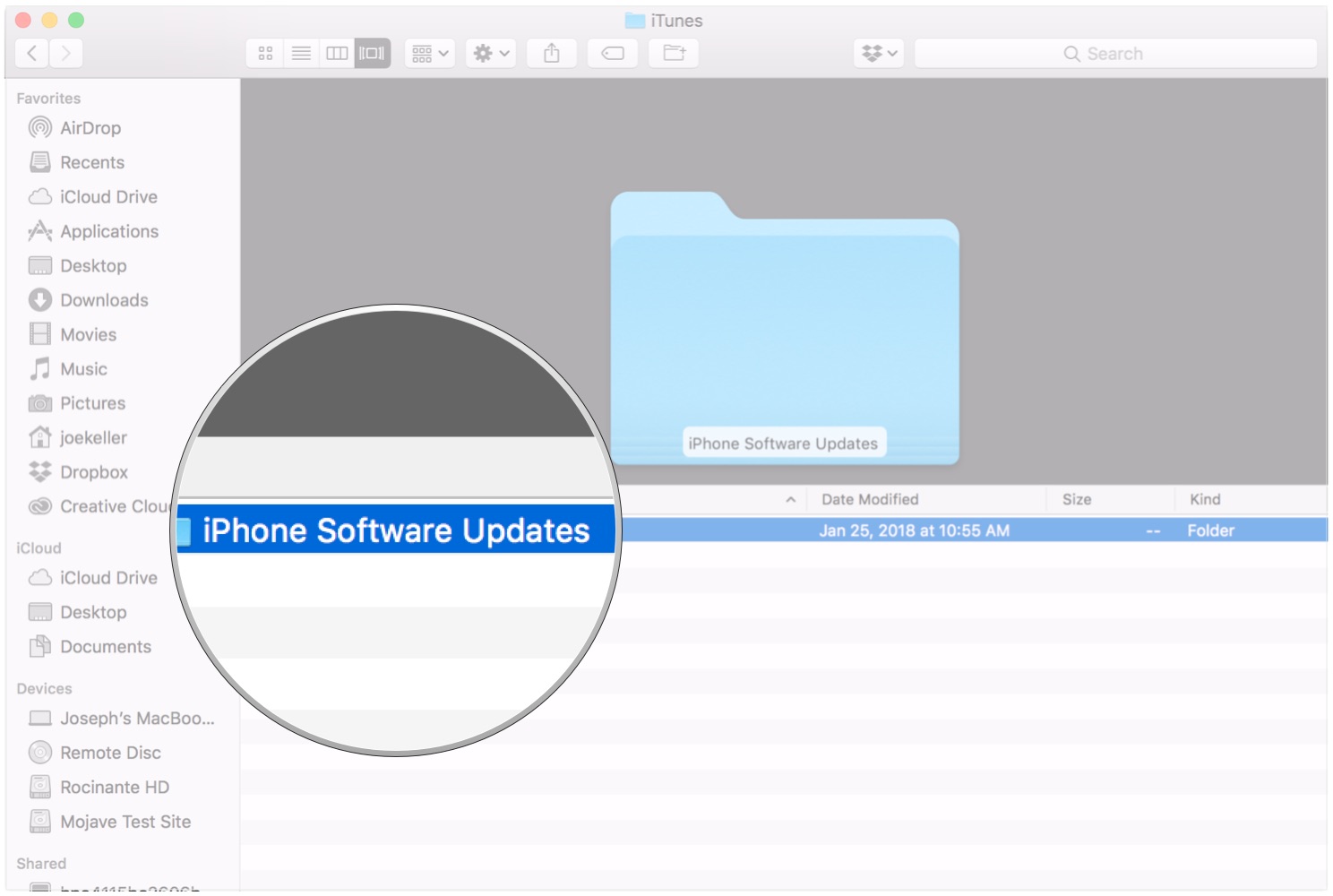 Удалите файл обновления программного обеспечения iPhone, показывающий, как открыть папку обновлений программного обеспечения iPhone и перетащить файл обновления в корзину.