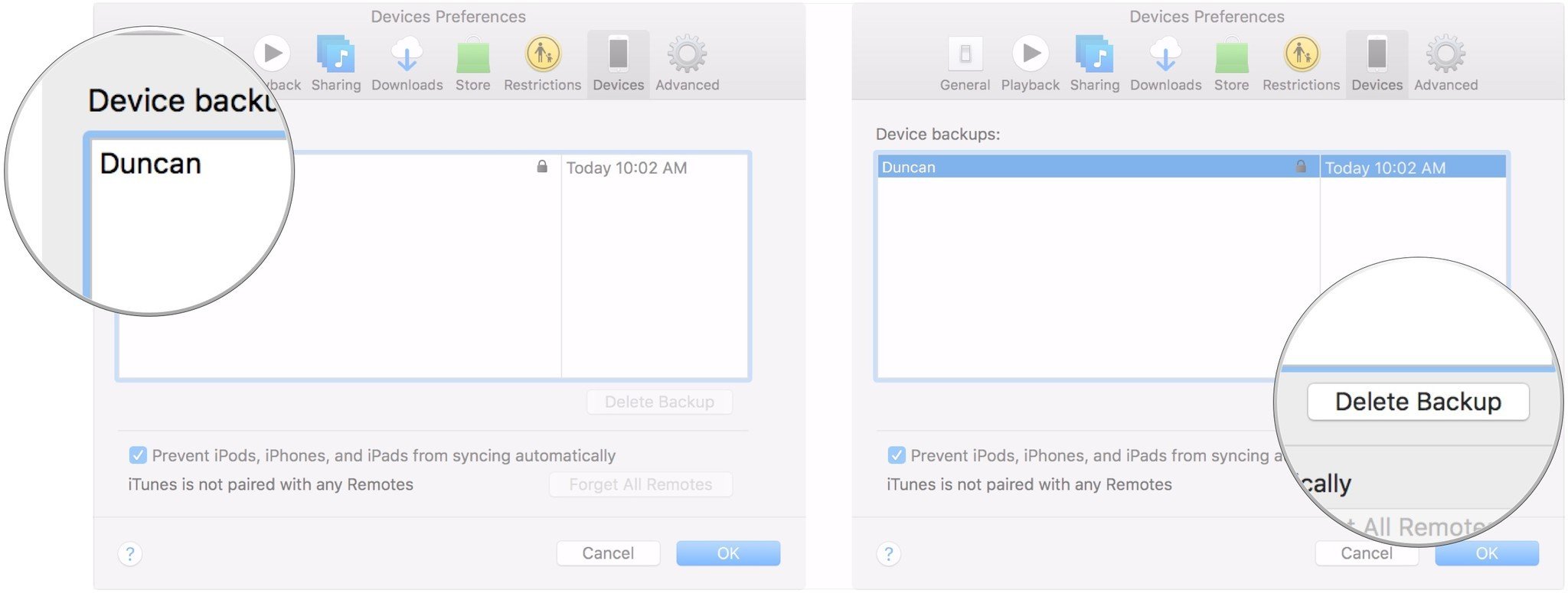 Удалить резервную копию iPhone в macOS Mojave, показывая, как щелкнуть резервную копию, которую вы хотите удалить, и щелкнуть Удалить резервную копию