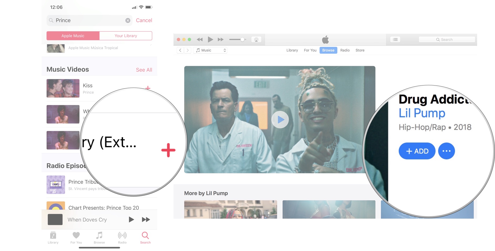 Add music videos in Apple Music: Select the Add To button
