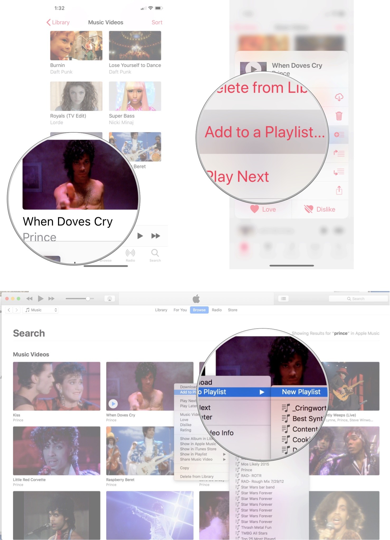 Create video playlist on Apple Music: Control-click, Force or long press on the video, then select Add to Playlist