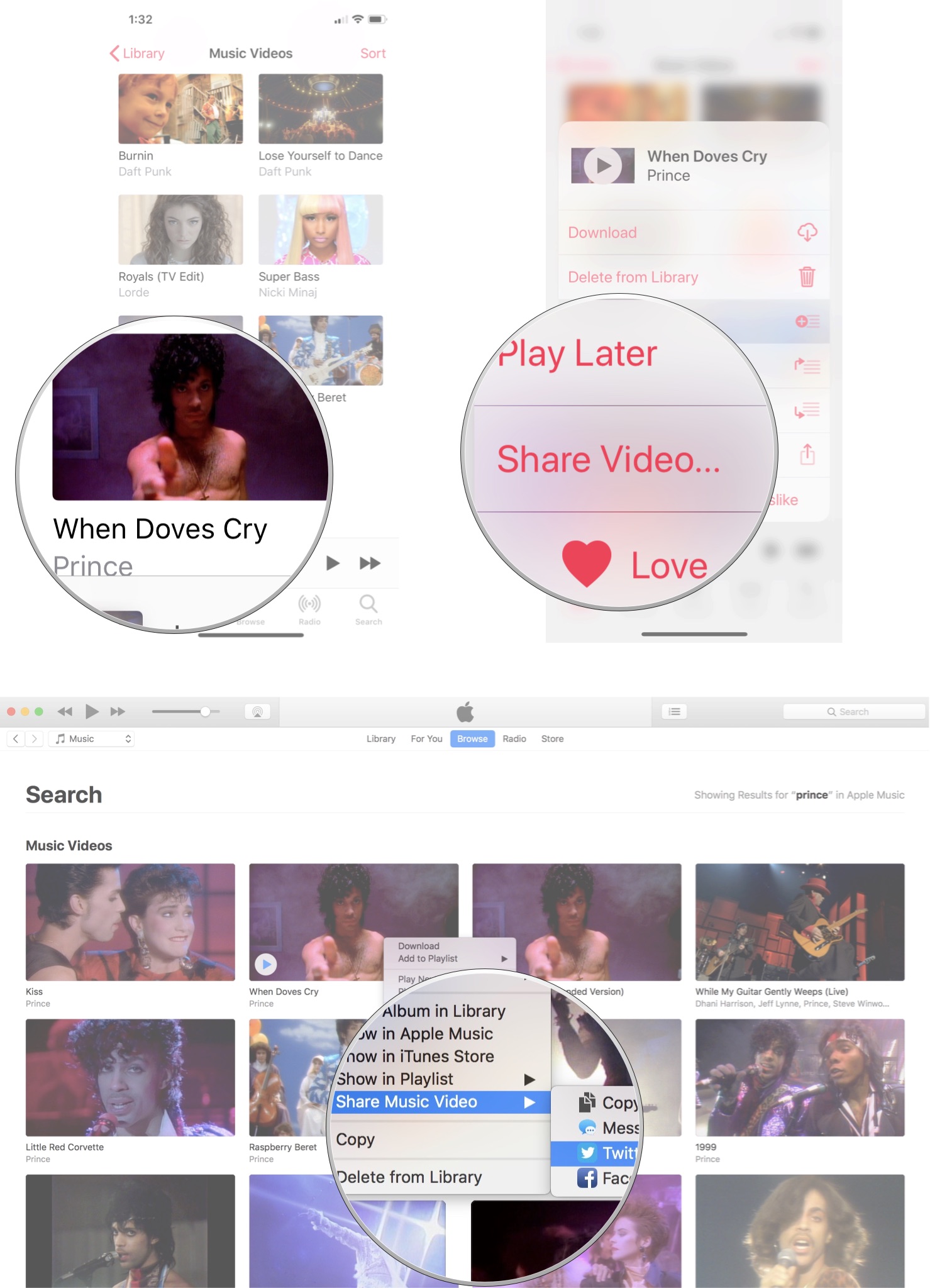 Share video in Apple Music: Control-click, Force or long press on the video, then select Share