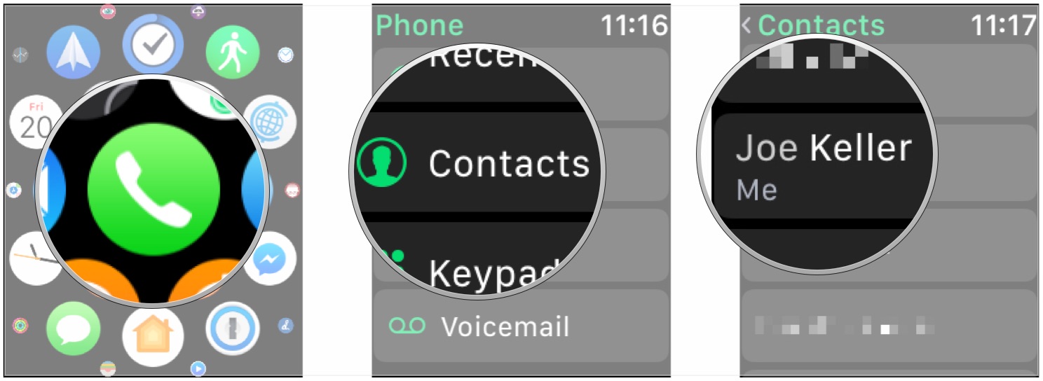 Place a FaceTime call with the Phone app, showing how to open Phone, tap Contacts, then tap a contact