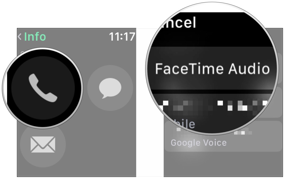Place a FaceTime call with the Phone app on Apple Watch, showing how to tap on the phone icon, then tap FaceTime Audio