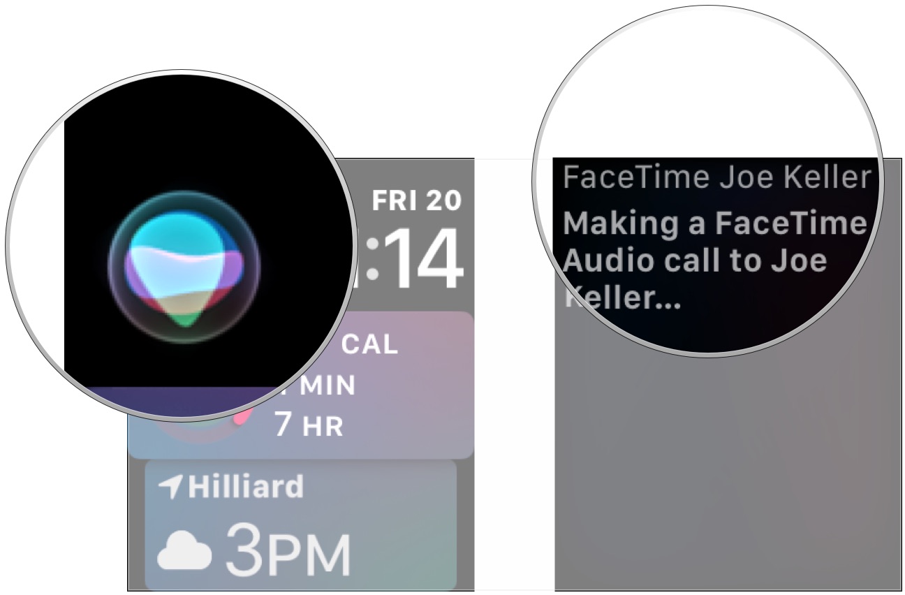 Passez un appel FaceTime sur Apple Watch, montrant comment appuyer sur le widget Siri sur le cadran de la montre Siri, puis dites FaceTime (nom du contact)