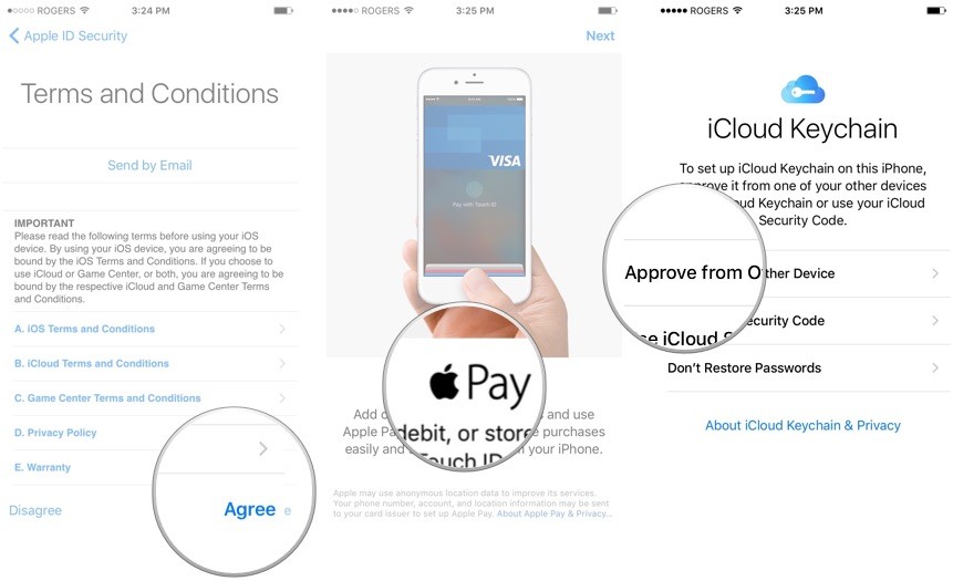 How to set up your iPhone 12 as new by showing steps: Agree to the terms and conditions, set up Apple Pay, then set up iCloud Keychain