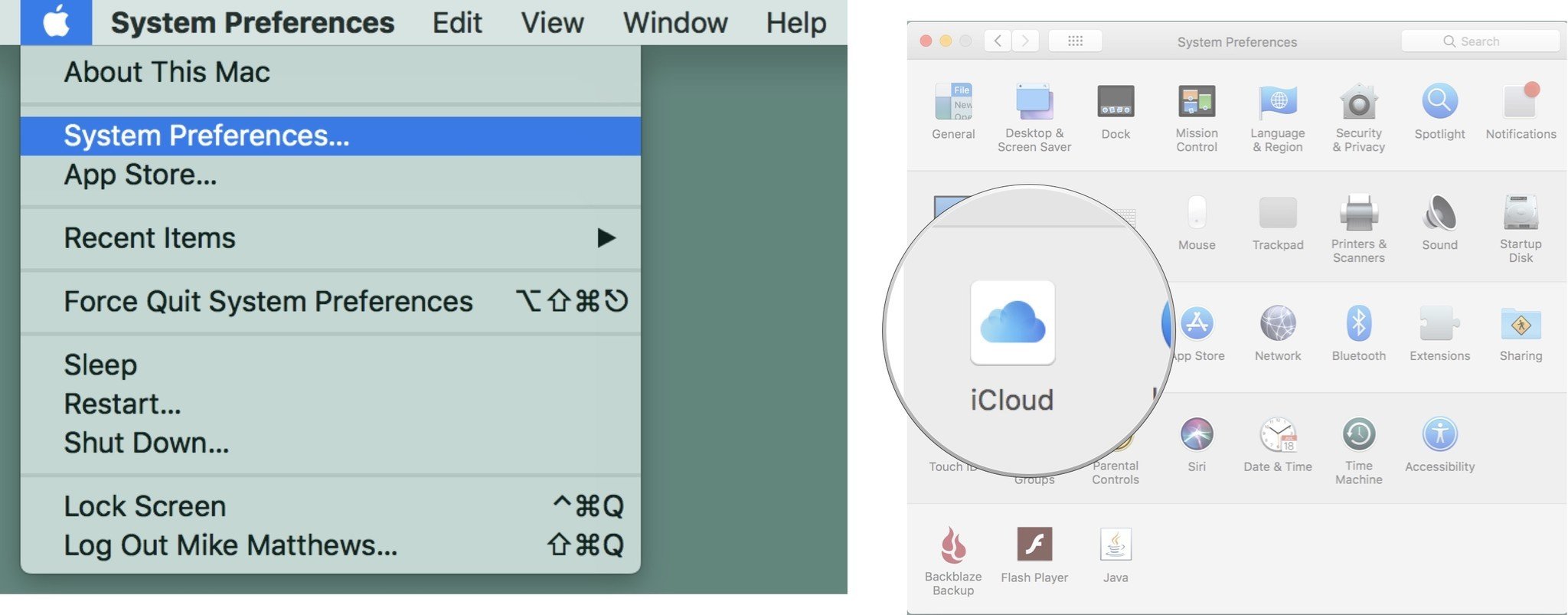 Добавление дочерней учетной записи: выберите «Системные настройки», затем нажмите «iCloud».