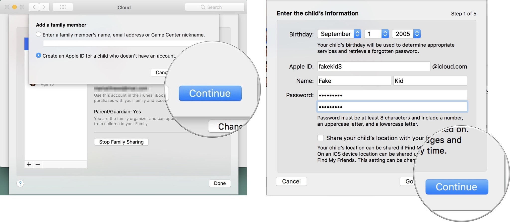Add a child account: Click on Create an Apple ID, then click Continue, then enter the child's info, then click Continue