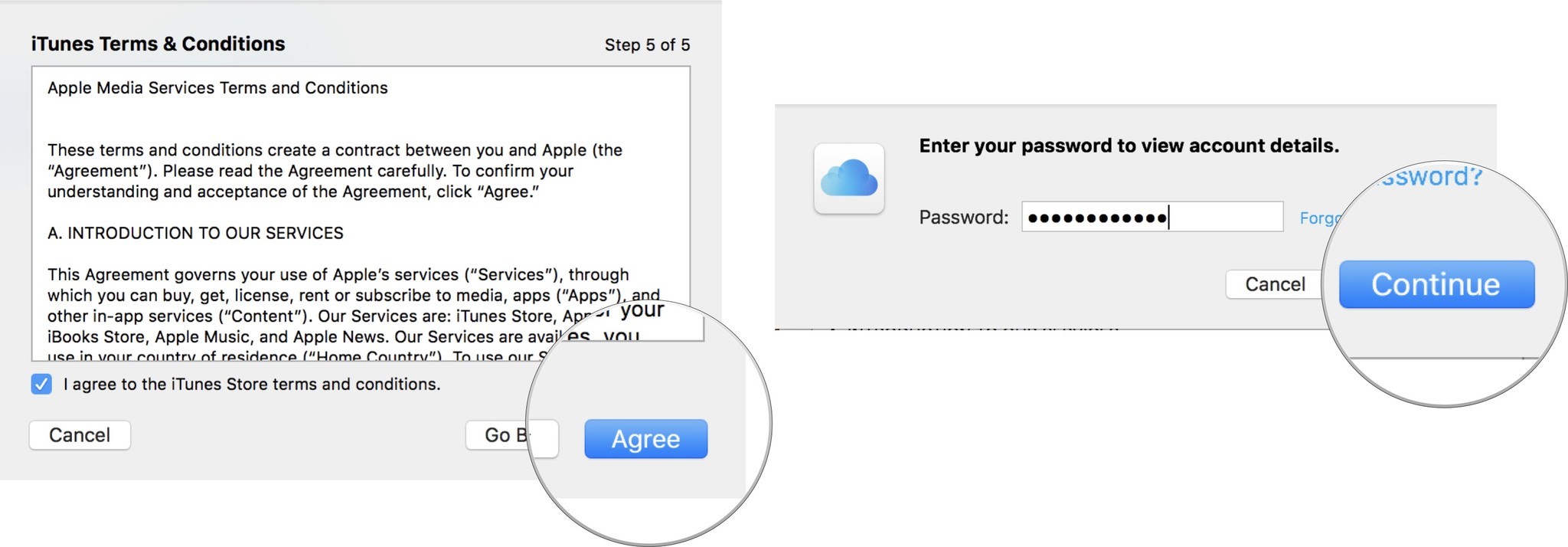 Add a child account: Agree to iCloud T&C, then click Agree, then agree to Game Center, then click agree