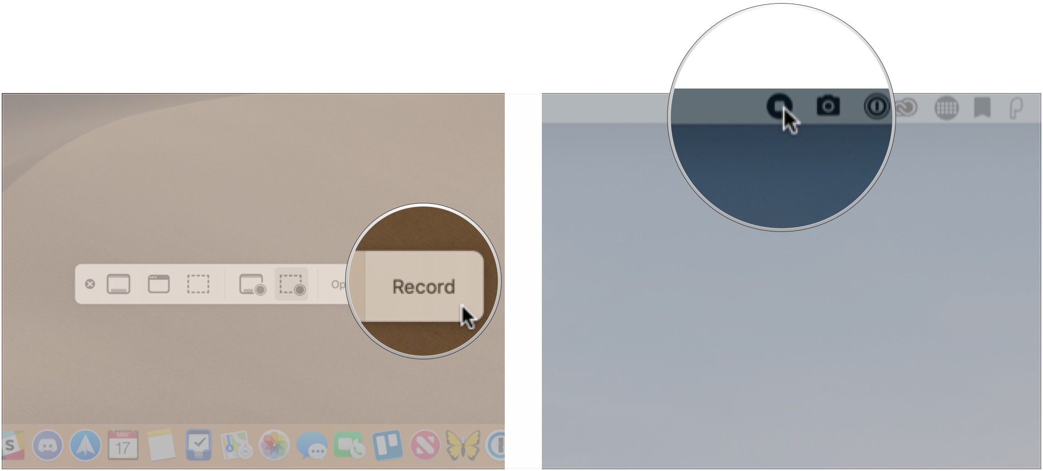 To record your screen on Mac, click Record, press Stop button when done