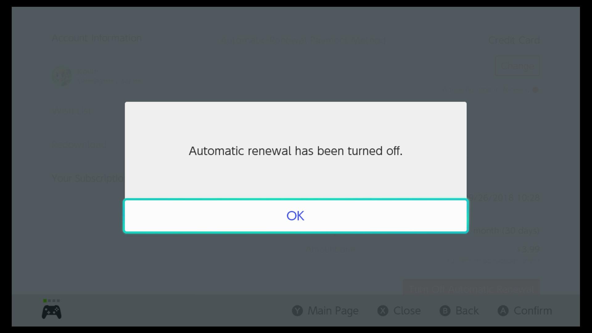 Cancelling Nintendo Switch Online: Auto Renewal turned off