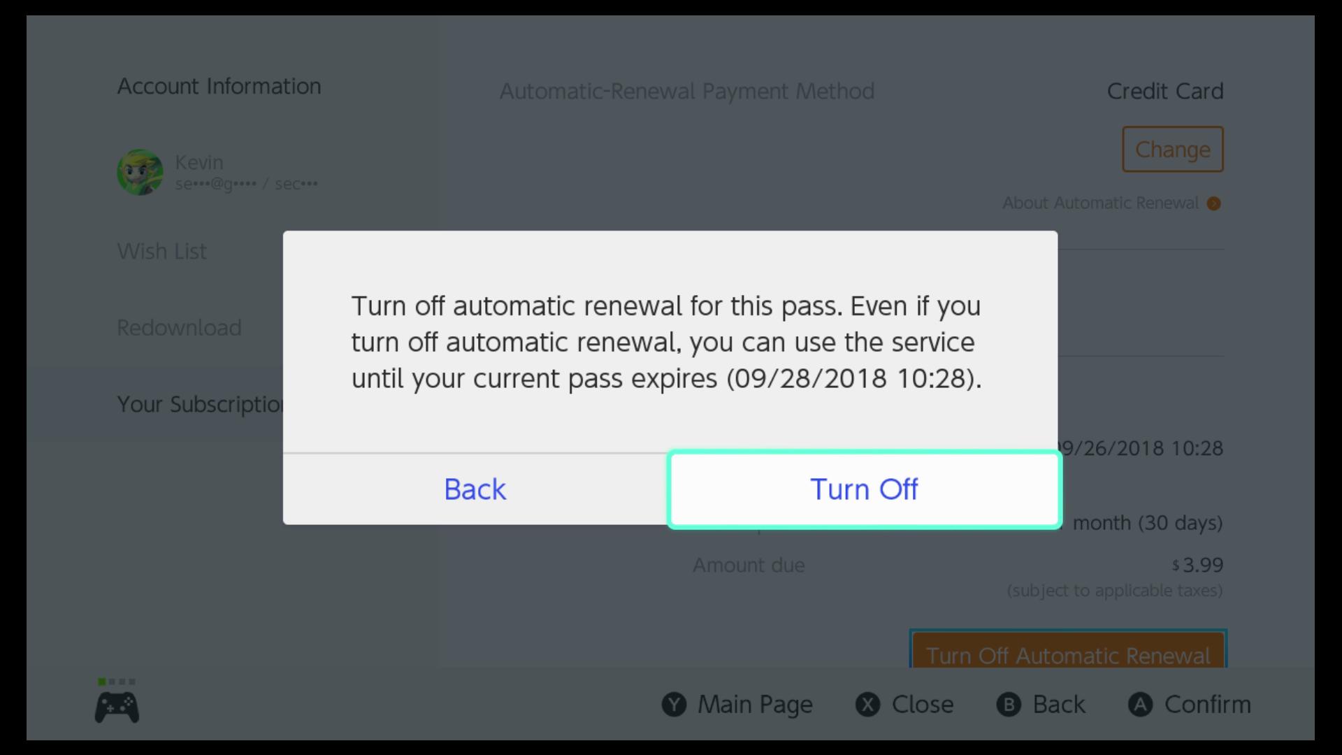 Cancelling Nintendo Switch Online: select Turn Off