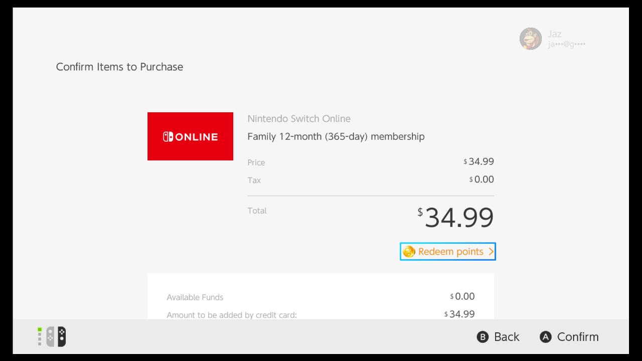 If you entered your eShop gift card correctly, you should see that you have $35 in **Available Funds** to purchase your subscription. 