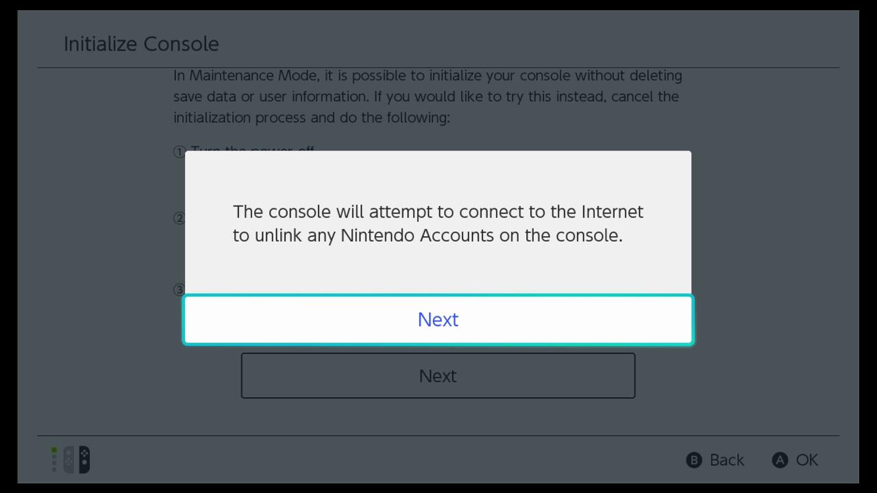How to do a full factory reset step six: Select Next after your Switch connects to the internet