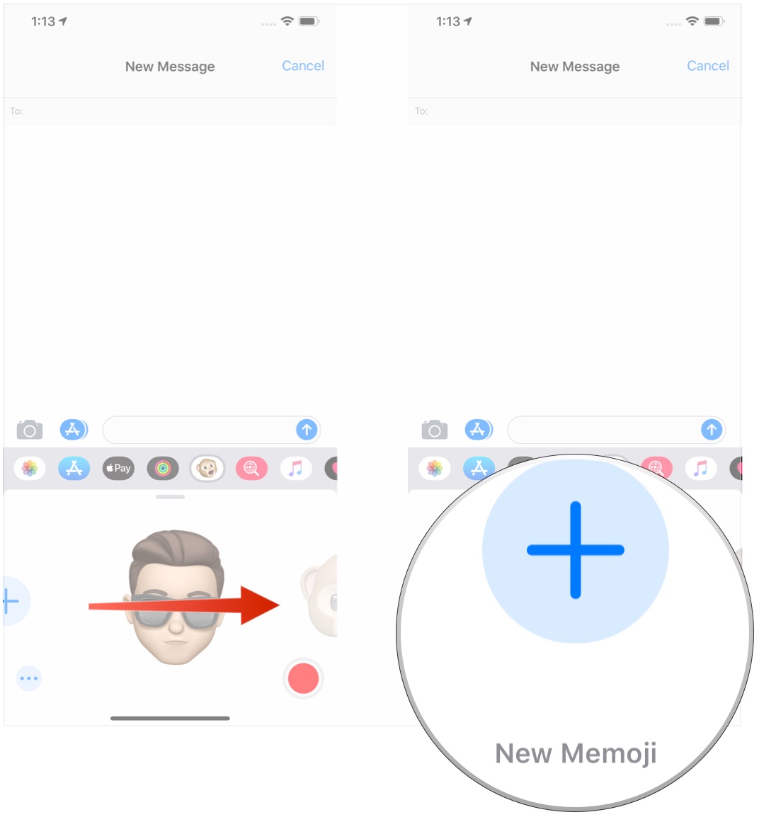 Create Memoji, showing how to swipe to the right, then tap New Memoji