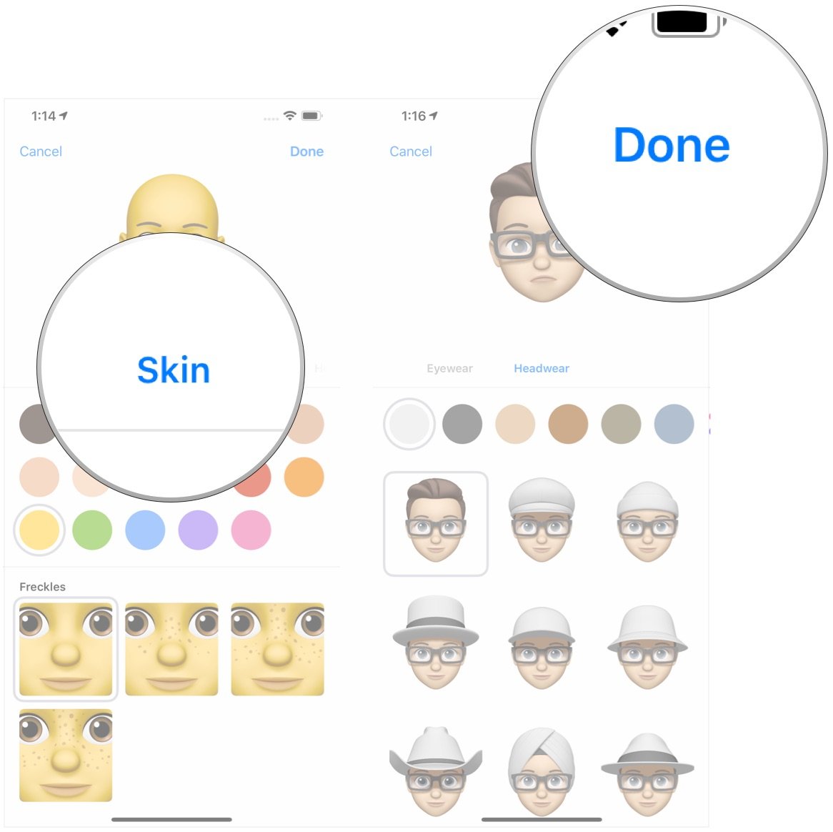 Create Memoji, showing how to select a category for customization, then tap Done
