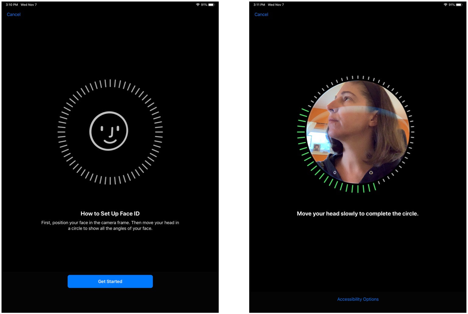 Set up Face ID on iPad Pro by showing: Tap Get Started, then move your head in a circle