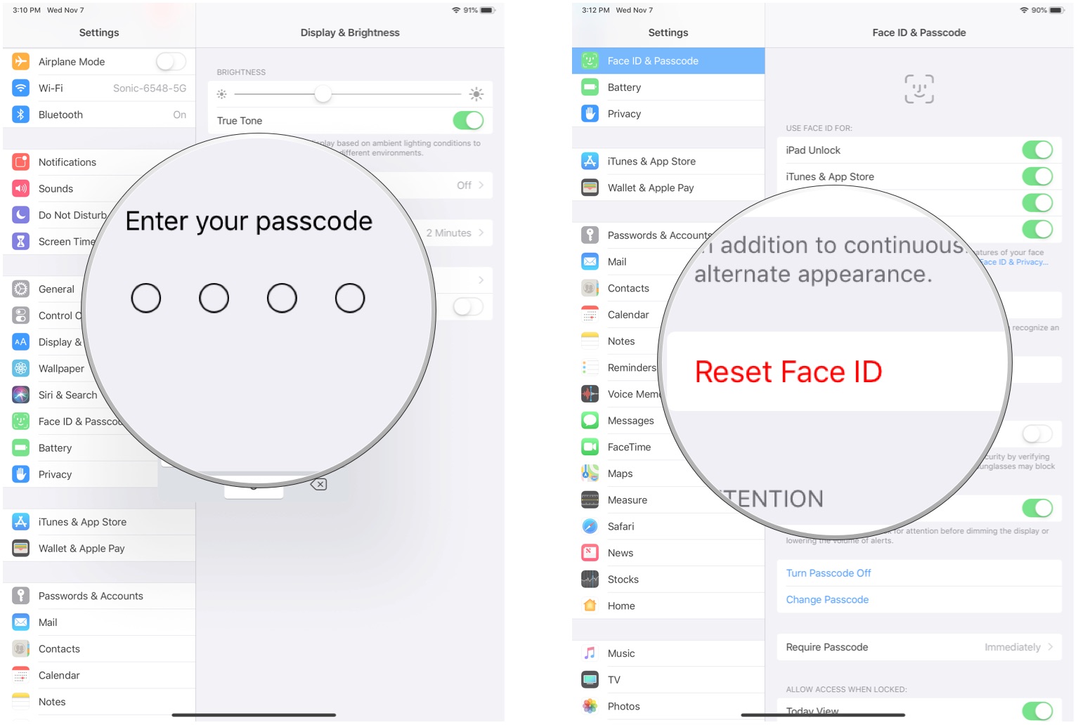 Reset Face ID on iPad Pro by showing: Enter your passcode, then tao Reset Face ID