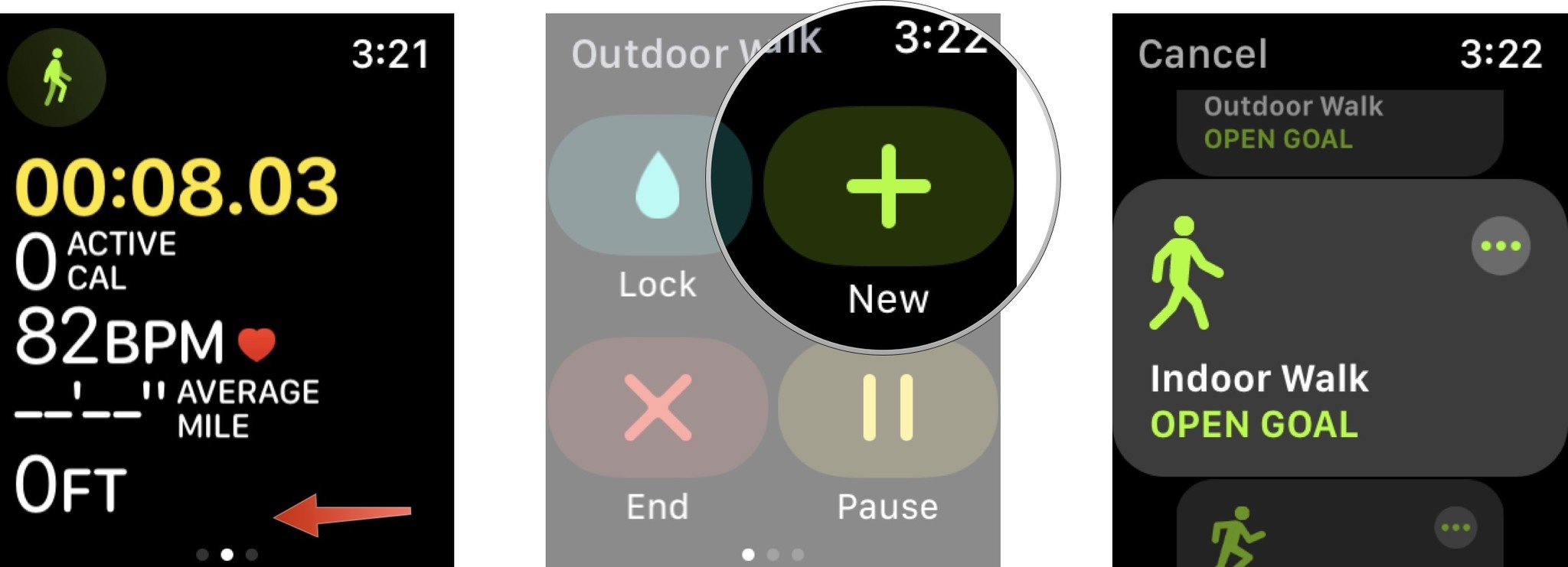 Чтобы изменить тип тренировки во время тренировки, выведите Apple Watch из режима сна.  Проведите пальцем вправо, чтобы открыть меню приложения тренировки.  Затем нажмите кнопку +.  Выберите новый тип тренировки.  Коснитесь Готово. 