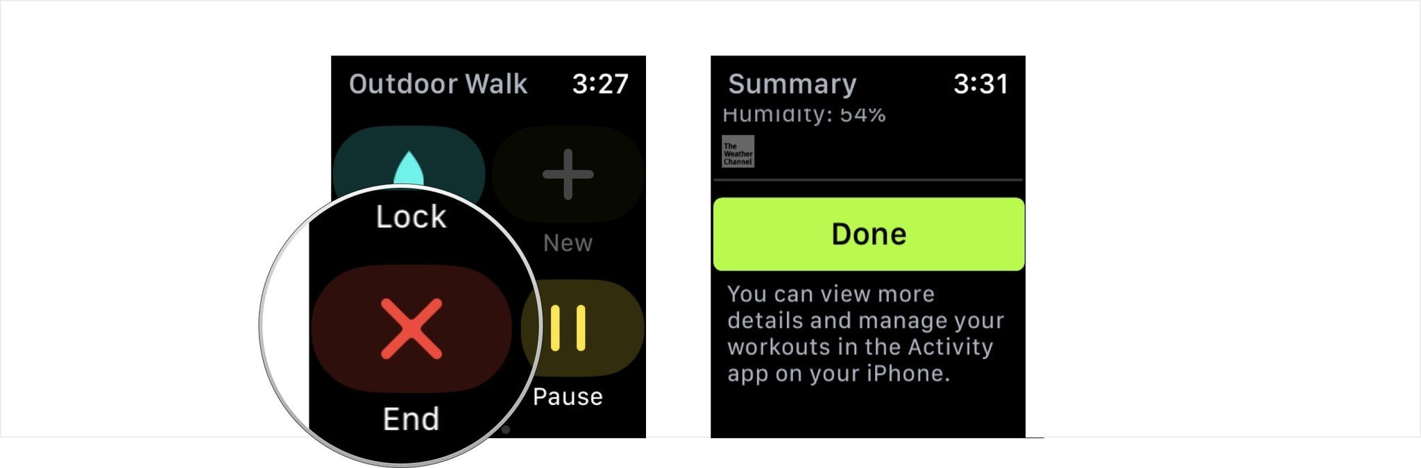 Чтобы завершить тренировку на Apple Watch, коснитесь дисплея.  Проведите пальцем вправо по экрану, чтобы открыть меню приложения «Тренировка».  Нажмите «Конец», затем «Готово».