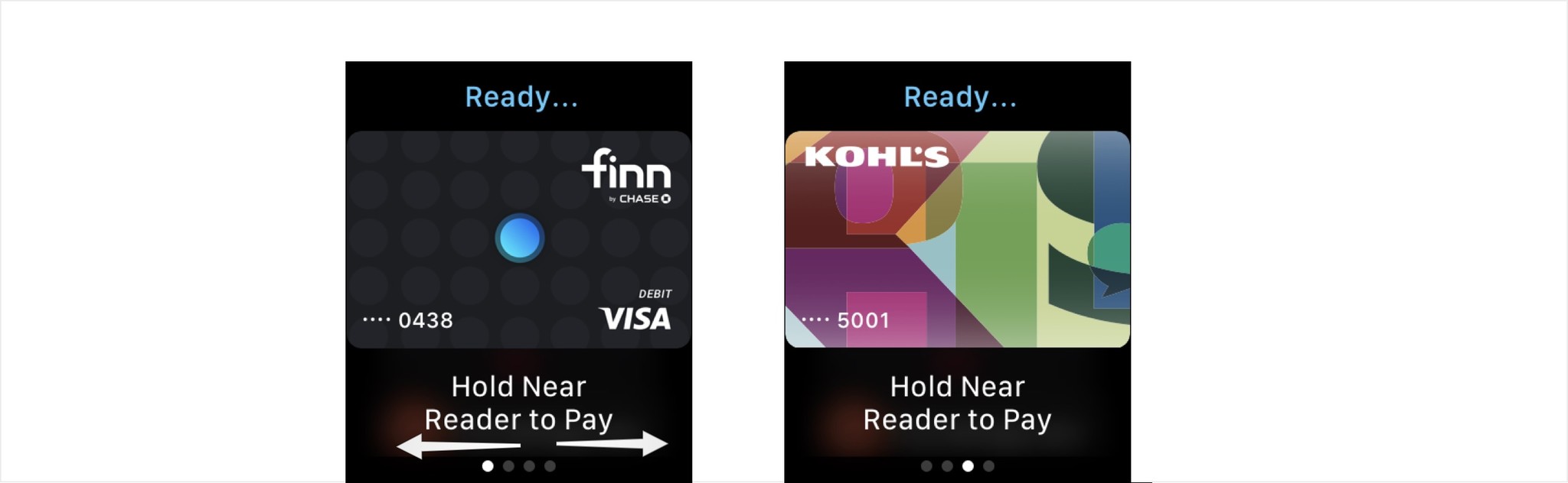 To use Apple Pay on Apple Watch, double-click the side button and hold your Apple Watch near a contactless reader. Push the Digital Crown once complete. Double-click the side-botton if you want to use a difference card, swiping left/right. With new card selected, hold your Apple Watch near the reader to pay. Push the Digital Crown to go back to the watch face.