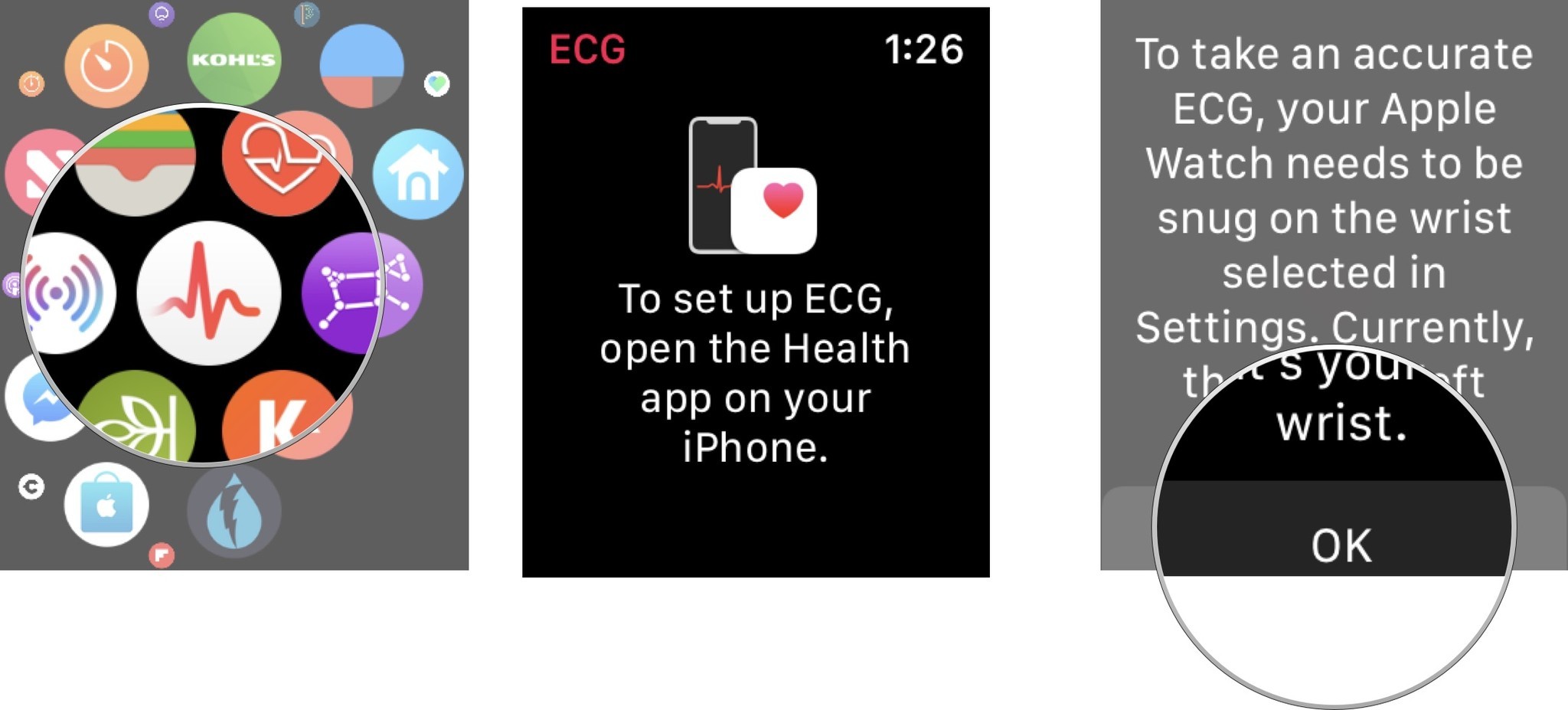 To set up and use the ECG app for the first time, push the Digital Crown on Apple Watch, Tap ECG app, Hit okay on confirmation screen.