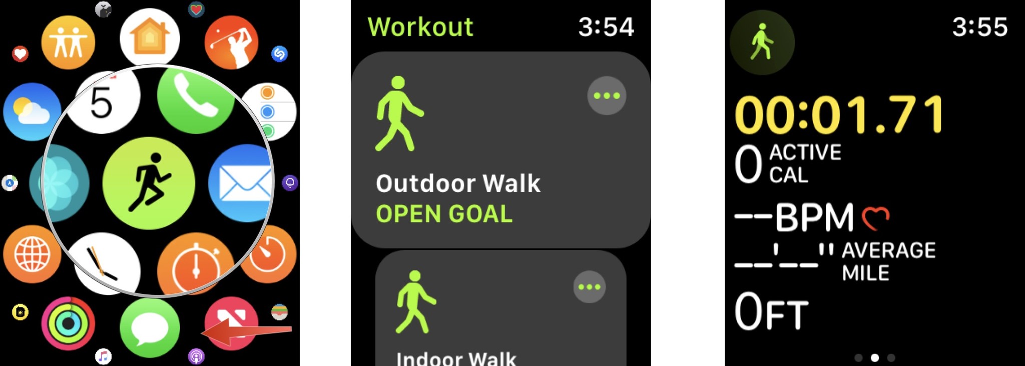 Чтобы начать тренировку на Apple Watch, нажмите на цифровую корону на часах, затем откройте приложение «Тренировка».  Коснитесь упражнения, которое хотите использовать.
