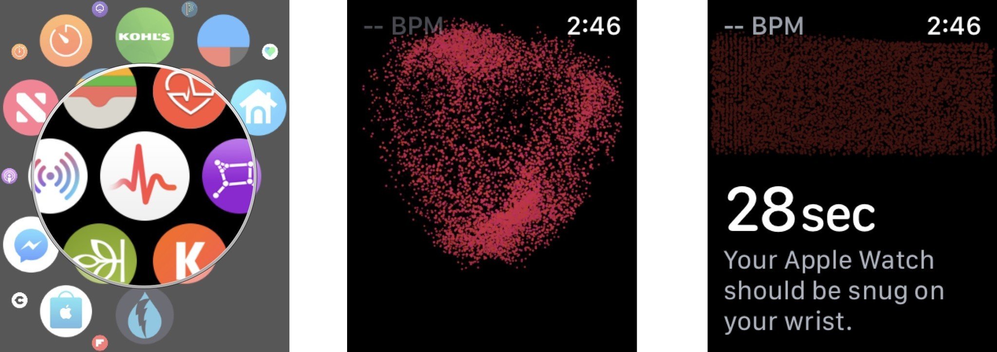 To use the ECG app on Apple Watch, push Digital Crown, tap ECG app, when you see the heart, hold your finger on the Digital Crown for 30 seconds until you see the measurement on the screen.