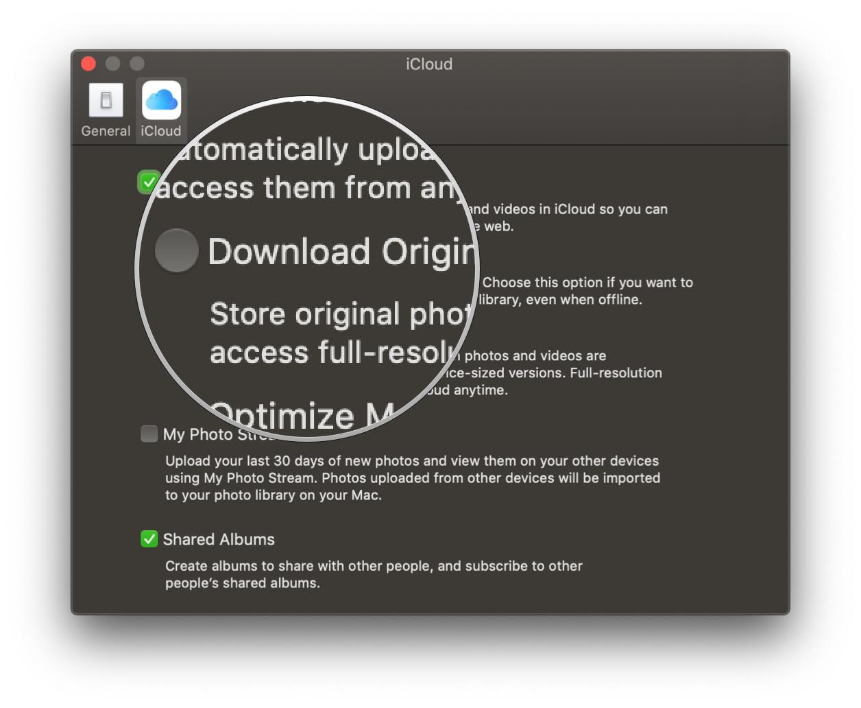 Sauvegardez la bibliothèque de photos iCloud sur Mac HD en affichant : Cliquez sur iCloud, cliquez sur Télécharger les originaux sur ce Mac