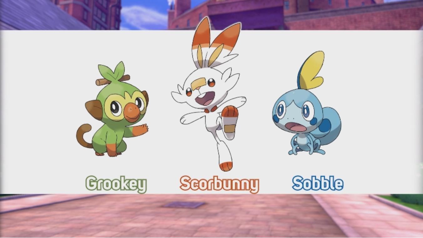 Pokemon Sword and Shield starters. Grookey, Scorbunny, and Sobble